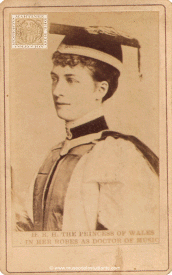 Alexandra of Denmark, when she held the title of Princess of Wales, dressed in robes on the occasion of her receiving a Doctorate of Music from Trinity College Dublin II