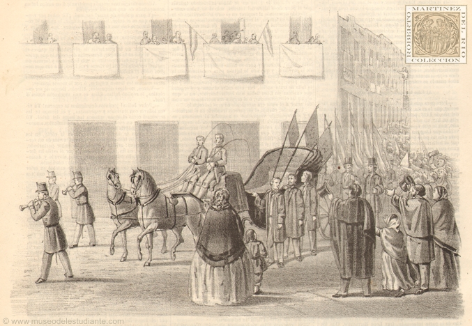 The students of the Central University riding in a carriage with the flags carried by Cisnero to Africa