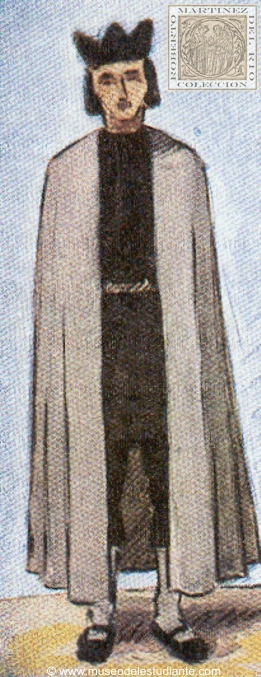 The costume of the university according to the reform of Bishop Antonio Agustn in 1575. With manteo (long cloak)