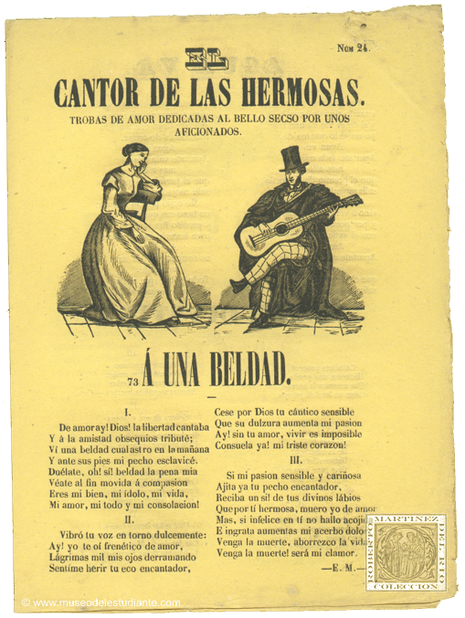 El cantor de las hermosas. Trobas de amor dedicadas al bello secso por unos aficionados:  una beldad. Agua Va. Estudiantina. El torero andaluz.