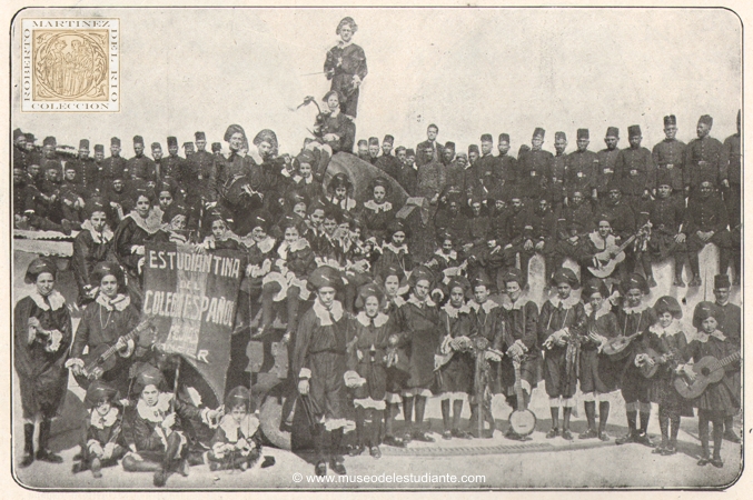 The Estudiantina of the Colegio Espaol of Tangier (Morocco). The soldiers of the Spanish Police (No. Tabor. 2) surrounding students that make up the Spanish Tuna College, which have given the most sympathetic and patriotic note in the last days of Carnival, during which conquered hits across the region