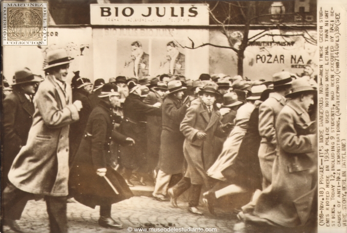 Prage. It's more dangerous now. When these Czech students rioted here in 1934 police used nothing more lethal than night sticks. Today 12, including 9 students, had been executed by Nazi because of Anti-Nazi demonstrations