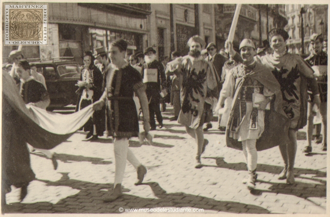 Madrid. Students parading through the streets on the eve of the feast of St. Thomas Aquinas