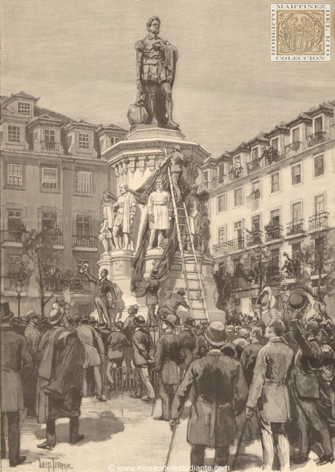 The Anglo-Portuguese conflict. Demonstration in front of the statue of Camoens. Students in the statues of navigators