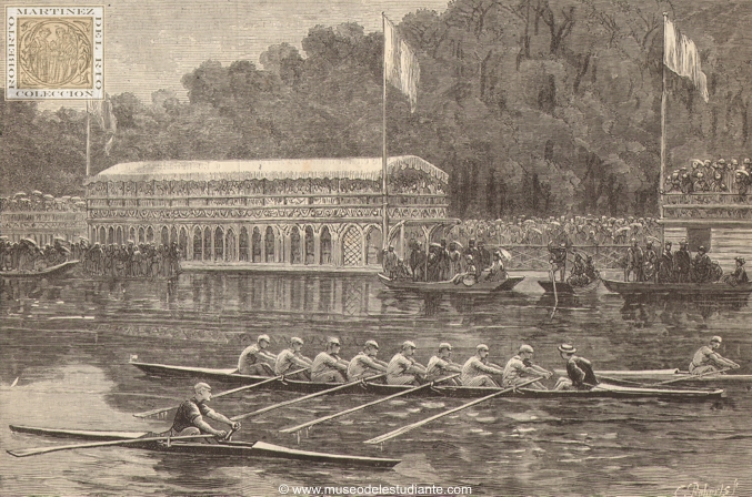 Regata sobre el Tmesis, entre los campeones de las Universidades de Oxford y de Cambridge. La llegada