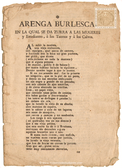 Arenga burlesca, en la cual se zurra  las Mugeres y Estudiantes,  los Tuertos y  los Calvos