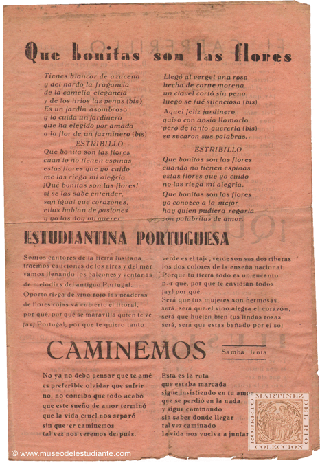 Que bonitas son las flores. Estudiantina portuguesa. Caminemos. El cabrerillo. Que va!... Ilusin. Romance del Espartero. Ecuador. Pregn del Afilaor. Se llama Rosa