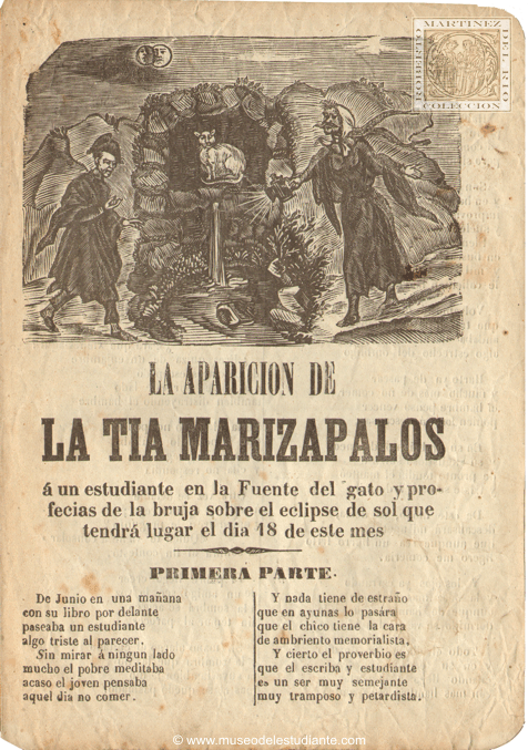 La aparicin de la Ta Marizapalos  un estudiante en la Fuente del gato y profecas de la bruja sobre el eclipse de sol que tendr lugar el dia 18 de este mes