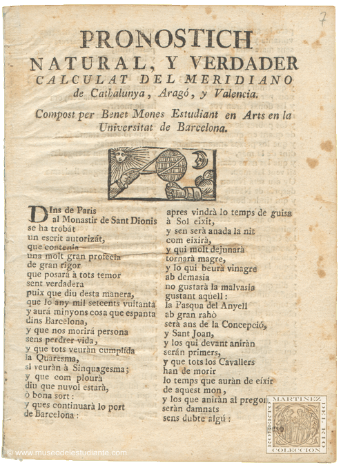 Pronostich natural, y verdader calculat del meridiano de Cathalunya, Arag, Valencia. Compost per Benet Mones Estudiant en Arts en la Universitat de Barcelona
