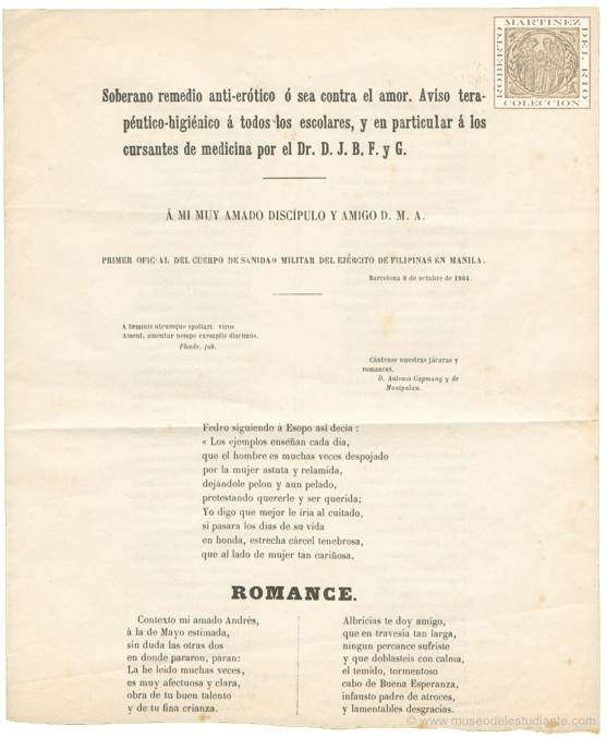 Soberano remedio anti-ertico  sea contra el amor. Aviso teraputico-higinico  todos los escolares, y en particular  los cursantes de medicina por el Dr. D. B. J. F. y G.